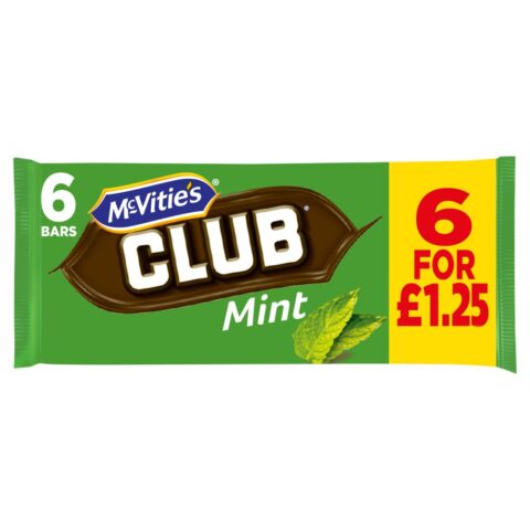 McVitie's Club Mint Chocolate Biscuit Bars Multipack 6 x 22.6g, 136g